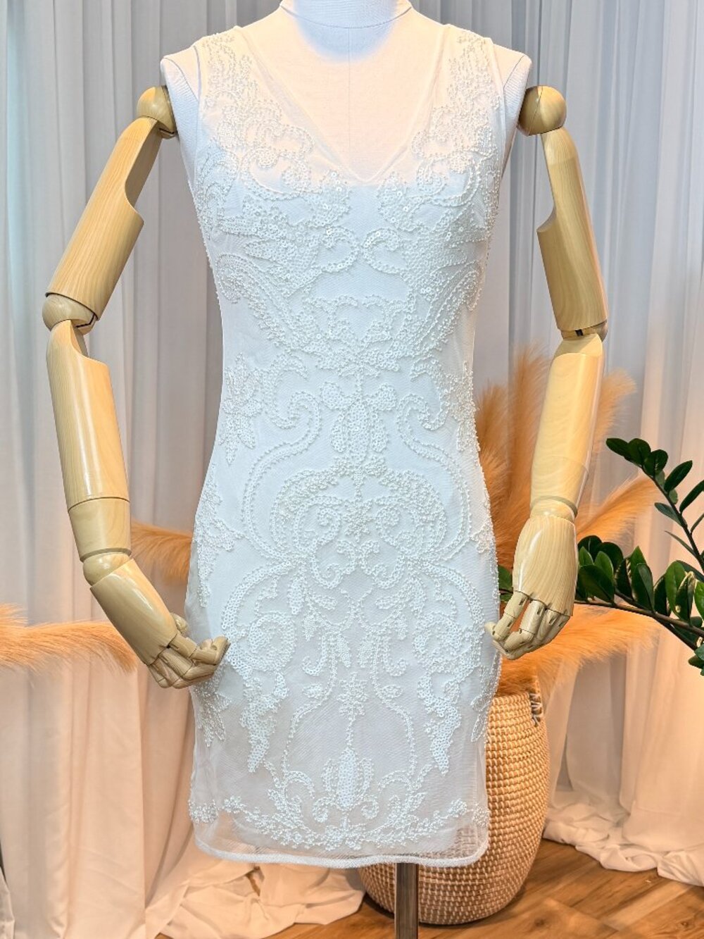 White Sequin Beaded Deep V Mini Dress Bridal Cocktail NWT